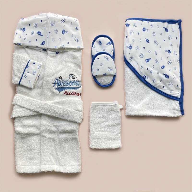 Банный набор Малыш Супергерой: халат, полотенце, тапочки,  мочалка-рукавичка, синий - купить в интернет-магазине с доставкой